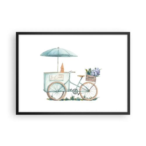 Poster in einem schwarzem Rahmen - Ein Fahrrad mit Eis und Blumen unter einem Regenschirm in zarten Pastellfarben - 70x50cm - Süße Erinnerung an den Sommer - Moderne Wanddekoration für Wohnzimmer und Schlafzimmer ARTTOR