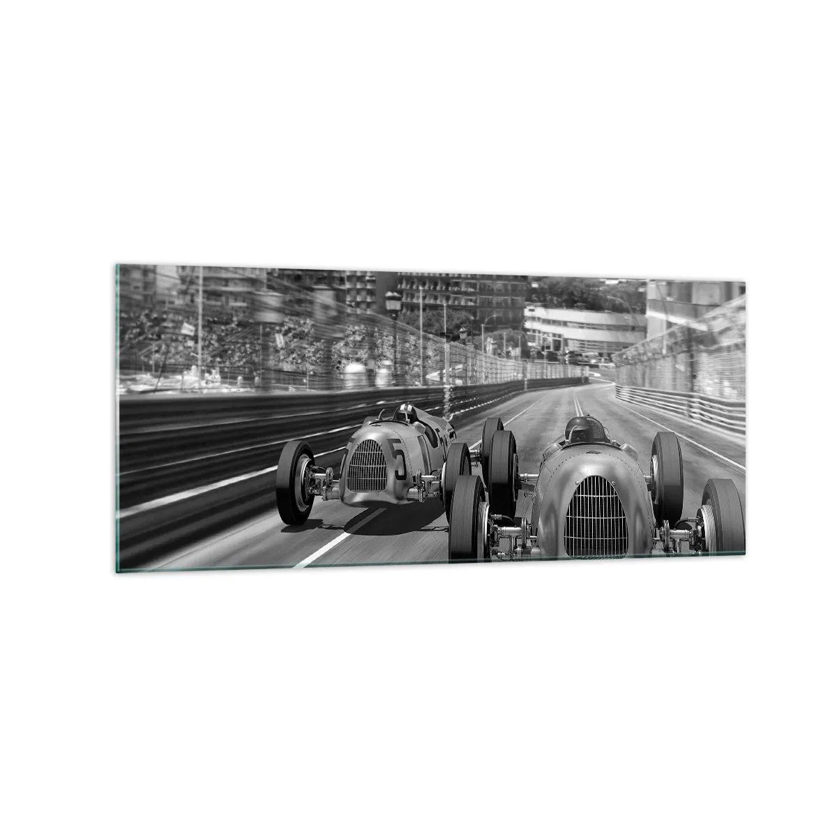 Glasbild - Bild auf glas - Monochrome Retro-Autorennen-Szene - 120x50cm - Vor langer Zeit in Monte Carlo - Moderne Wanddekoration für Wohnzimmer und Schlafzimmer ARTTOR