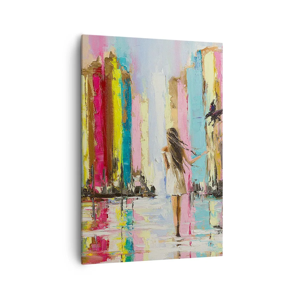 Bild auf Leinwand - Leinwandbild - Eine bunte Stadt und eine Frau in einem weißen Kleid mit einem Vogel - 70x100cm - Folge mir - Moderne Wanddekoration für Wohnzimmer und Schlafzimmer ARTTOR