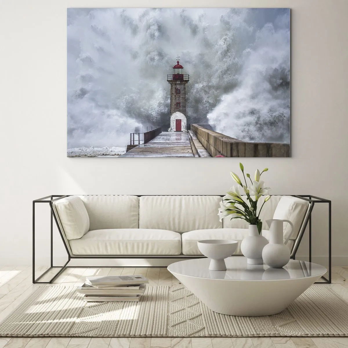 Glasbild - Bild auf glas - Ein Leuchtturm wird von einer starken Welle getroffen. - 70x50cm - Das Rauschen des Wassers, der Lärm wird wehen - Moderne Wanddekoration für Wohnzimmer und Schlafzimmer ARTTOR