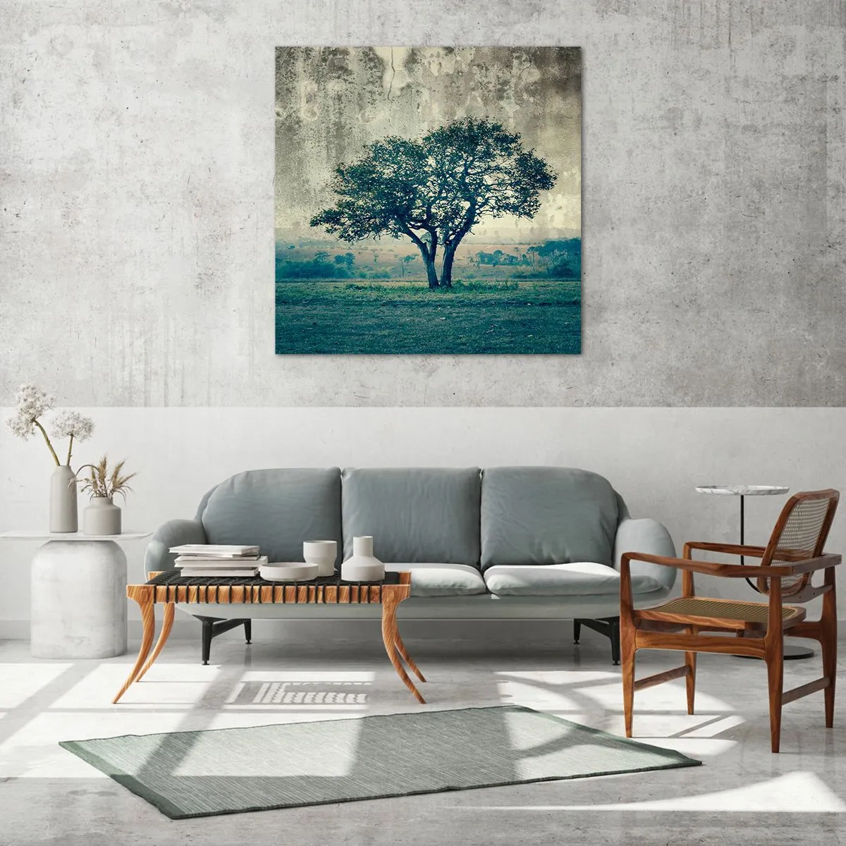 Glasbild - Bild auf glas - Ein Apfelbaum auf blauem Feld? - 70x70 cm