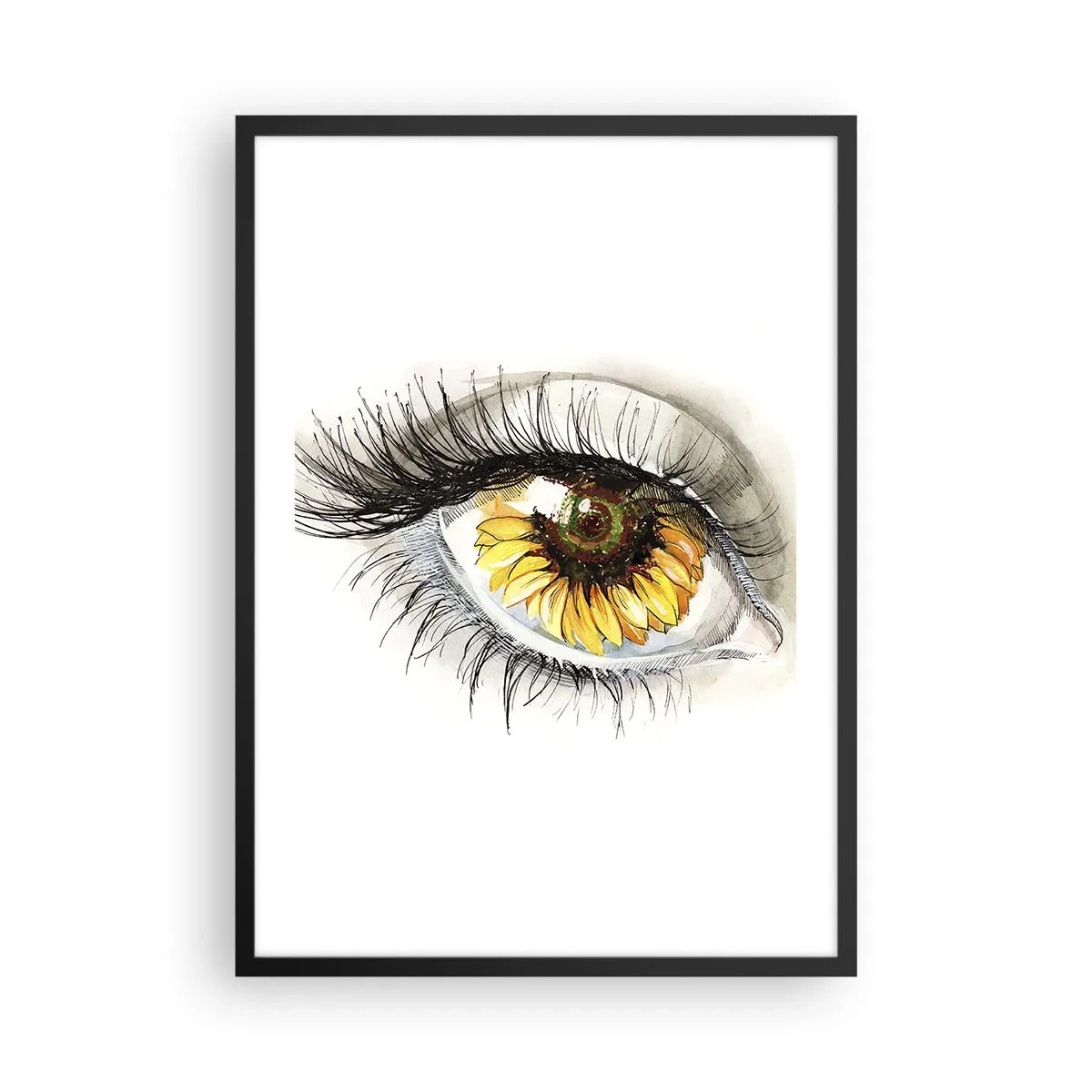 Poster in einem schwarzem Rahmen - Ein Auge mit einer gelben Sonnenblume in der Pupille - 50x70cm - Ein Look so heiß wie der Sommer - Moderne Wanddekoration für Wohnzimmer und Schlafzimmer ARTTOR