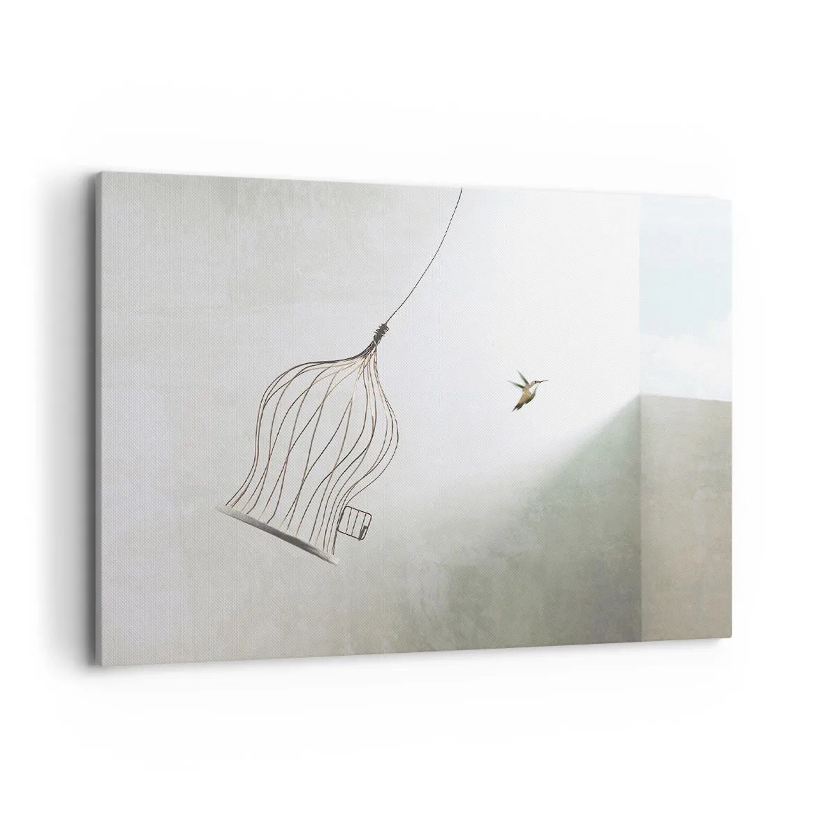 Bild auf Leinwand - Leinwandbild - Ein aus einem Käfig befreiter Vogel vor dem Hintergrund eines hellen Himmels - 100x70cm - In seinem Element - Moderne Wanddekoration für Wohnzimmer und Schlafzimmer ARTTOR