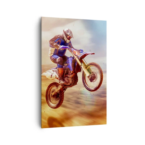 Bild auf Leinwand - Leinwandbild - Ein Motorradfahrer im Flug während einer dynamischen Offroad-Fahrt - 80x120cm - Motorradschwindel - Moderne Wanddekoration für Wohnzimmer und Schlafzimmer ARTTOR