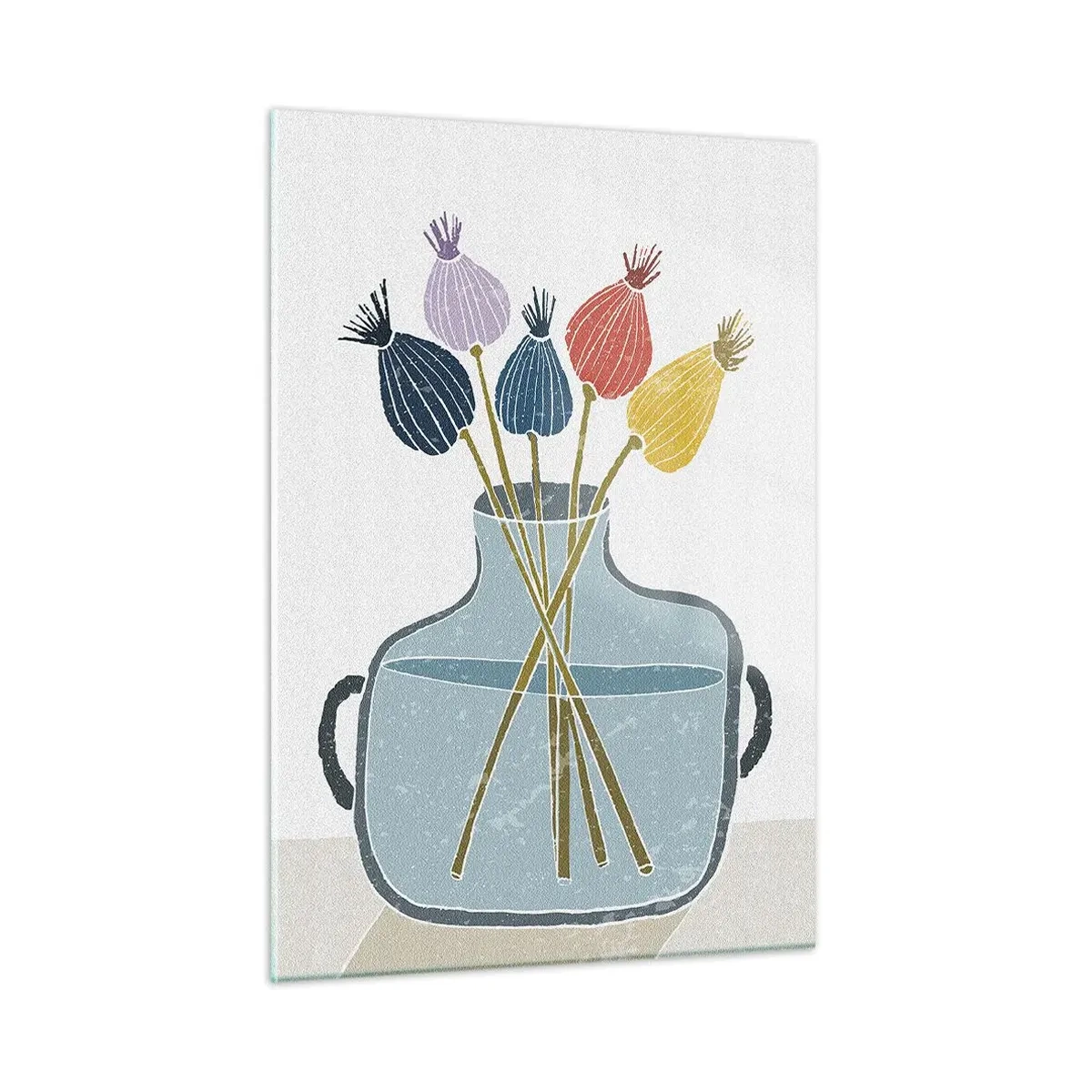 Glasbild - Bild auf glas - Dekorative Mohnköpfe in einer Kanne im grafischen Stil - 50x70cm - Es ist mucksmäuschenstill - Moderne Wanddekoration für Wohnzimmer und Schlafzimmer ARTTOR