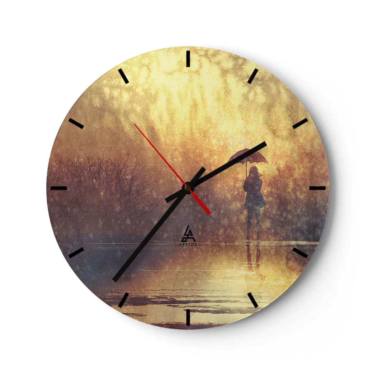 Wanduhr - Glasuhr - Eine Figur mit einem Regenschirm vor dem Hintergrund von Regen und warmem Licht - 30x30cm - Ich habe das Gefühl, dass mich jemand ansieht - Moderne Wanddekoration für Wohnzimmer, Küche und Schlafzimmer ARTTOR