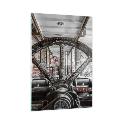 Glasbild - Bild auf glas - Historisches Industrieinterieur mit Zahnrad - 50x70cm - Das geheime Leben der Fabrik - Moderne Wanddekoration für Wohnzimmer und Schlafzimmer ARTTOR