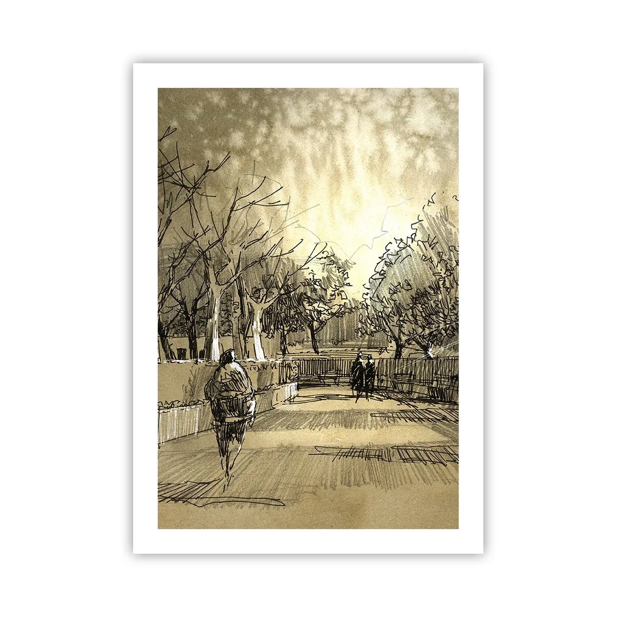 Poster - Sepiafarbene Parkillustration im Skizzenstil - 50x70cm - Ein Moment mit einer Feder angehalten - Moderne Wanddekoration für Wohnzimmer und Schlafzimmer ARTTOR