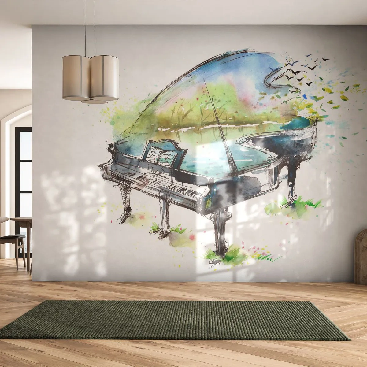 Fototapete Premium Sand - Ein Klavier im Einklang mit der Natur im Aquarellstil - 100x70cm - Von Musik verzaubert - Moderne Wanddekoration für Wohnzimmer und Schlafzimmer ARTTOR