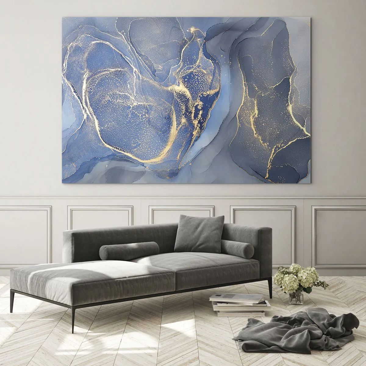 Glasbild - Bild auf glas - Eine abstrakte Komposition in Marineblau- und Goldtönen - 70x50cm - Goldstaub - Moderne Wanddekoration für Wohnzimmer und Schlafzimmer ARTTOR