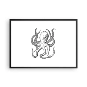 Poster in einem schwarzem Rahmen - Schwarz-weiße Zeichnung eines Oktopus auf weißem Hintergrund im Vintage-Stil - 70x50cm - Mit den Wellen tanzen - Moderne Wanddekoration für Wohnzimmer und Schlafzimmer ARTTOR