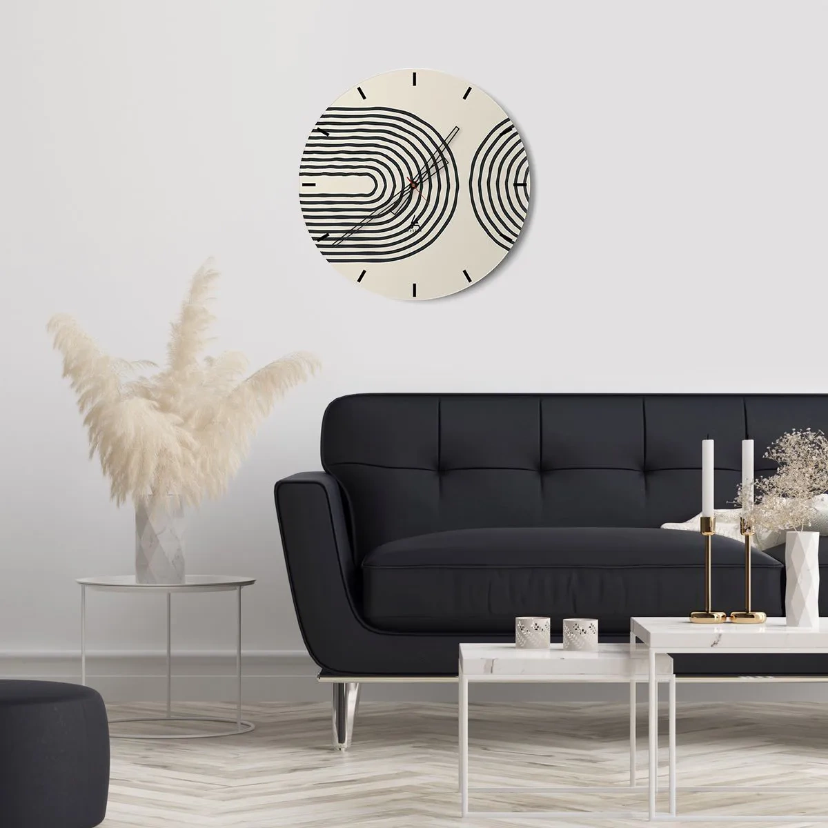 Wanduhr - Glasuhr - Geometrische Linien in Form konzentrischer Wellen auf beigem Hintergrund - 30x30cm - In einem Moment ... - Moderne Wanddekoration für Wohnzimmer, Küche und Schlafzimmer ARTTOR