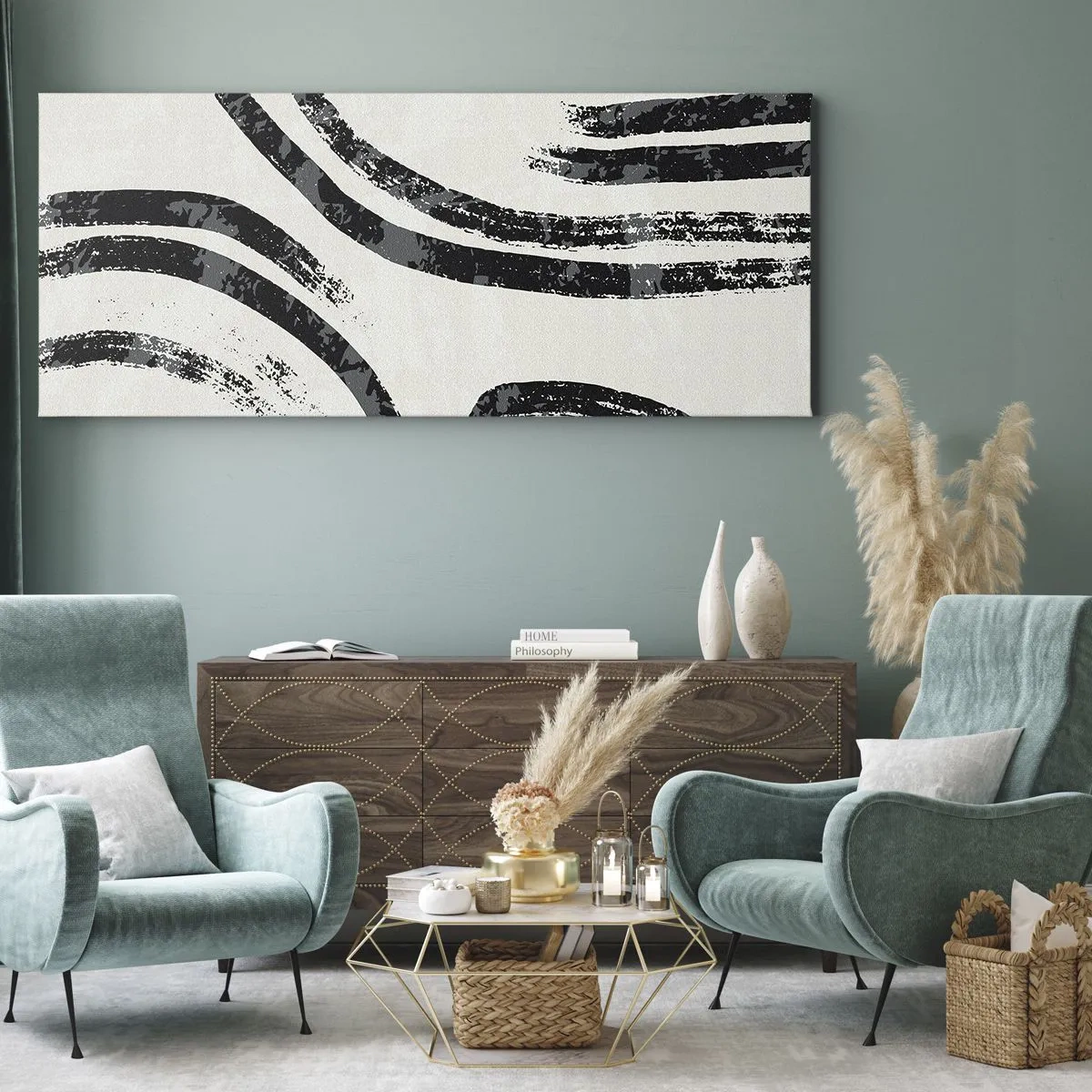 Bild auf Leinwand - Leinwandbild - Schwarz-weiße abstrakte Linien auf hellem Hintergrund - 120x50cm - Bei Hälfte angehalten - Moderne Wanddekoration für Wohnzimmer und Schlafzimmer ARTTOR