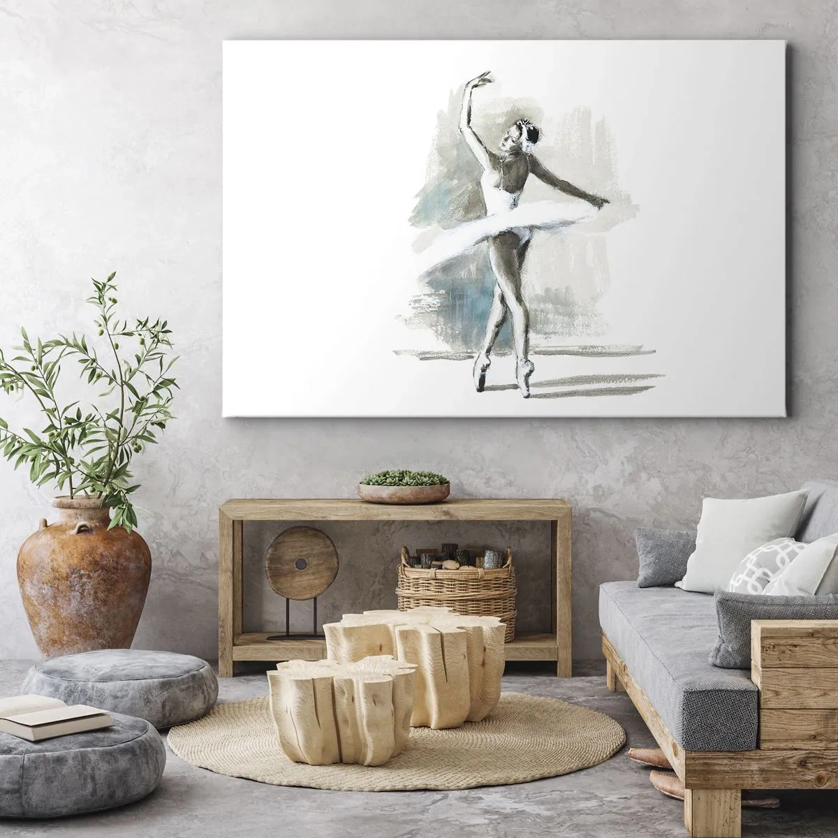 Bild auf Leinwand - Leinwandbild - Eine Balletttänzerin in einer Ballettpose vor einem Hintergrund aus zarten Aquarelltönen. - 120x80cm - In einen Schwan verzaubert - Moderne Wanddekoration für Wohnzimmer und Schlafzimmer ARTTOR