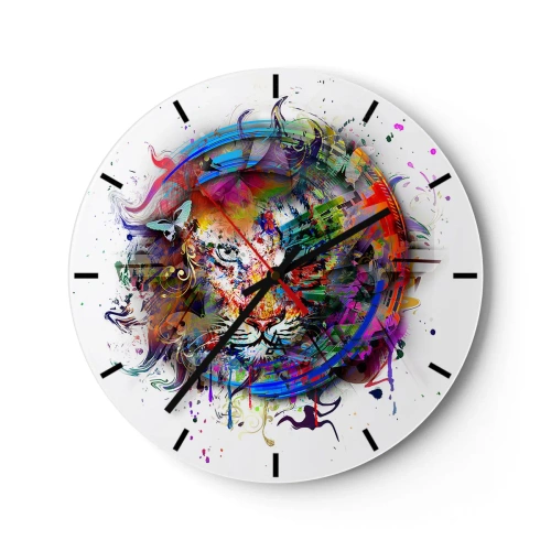 Wanduhr - Glasuhr - Bunte Illustration eines Tigers im abstrakten Stil - 30x30cm - Es lauert hinter einem Regenbogenschleier - Moderne Wanddekoration für Wohnzimmer, Küche und Schlafzimmer ARTTOR