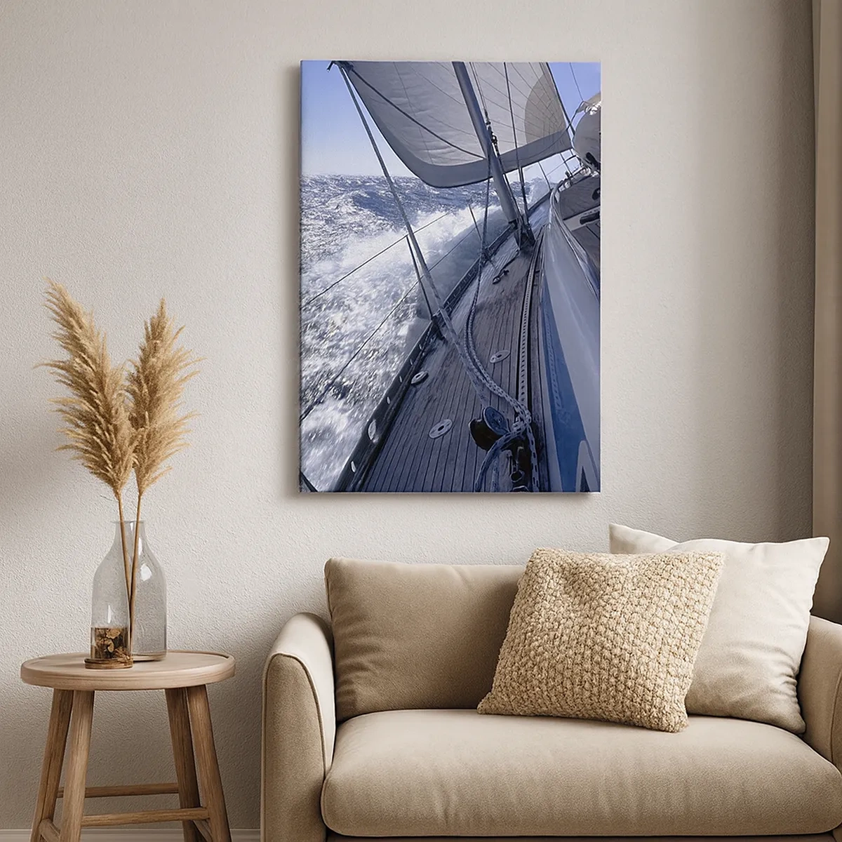 Bild auf Leinwand - Leinwandbild - Ein Segelboot in stürmischer See mit weißen Segeln und einem Holzdeck. - 50x70cm - Ich weiß was es heißt ein Vogel zu sein - Moderne Wanddekoration für Wohnzimmer und Schlafzimmer ARTTOR