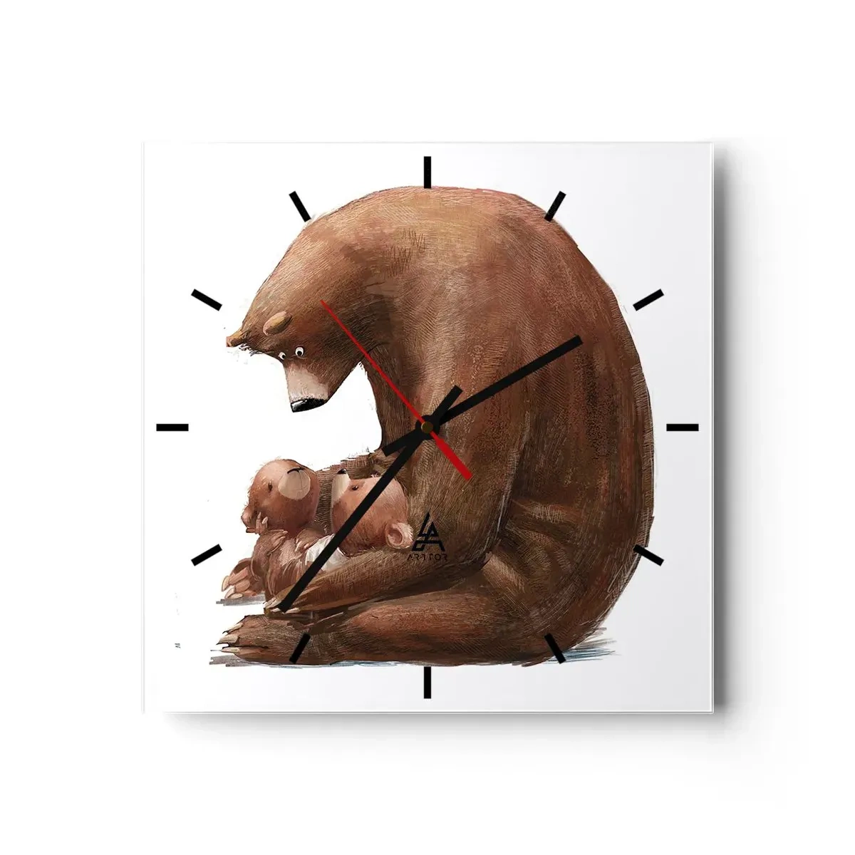Wanduhr - Glasuhr - Eine Bärenmutter mit zwei kleinen Bären im Arm - 30x30cm - Süße Träume, Kinder - Moderne Wanddekoration für Wohnzimmer und Schlafzimmer ARTTOR