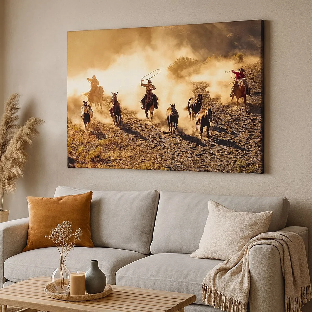 Bild auf Leinwand - Leinwandbild - Cowboys zu Pferd in Aktion im Wüstengelände - 70x50cm - Wirklich wilder Westen - Moderne Wanddekoration für Wohnzimmer und Schlafzimmer ARTTOR
