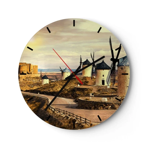 Wanduhr - Glasuhr - Windmühlen auf den Hügeln von La Mancha - 30x30cm - Don Quijote kommt gleich - Moderne Wanddekoration für Wohnzimmer, Küche und Schlafzimmer ARTTOR