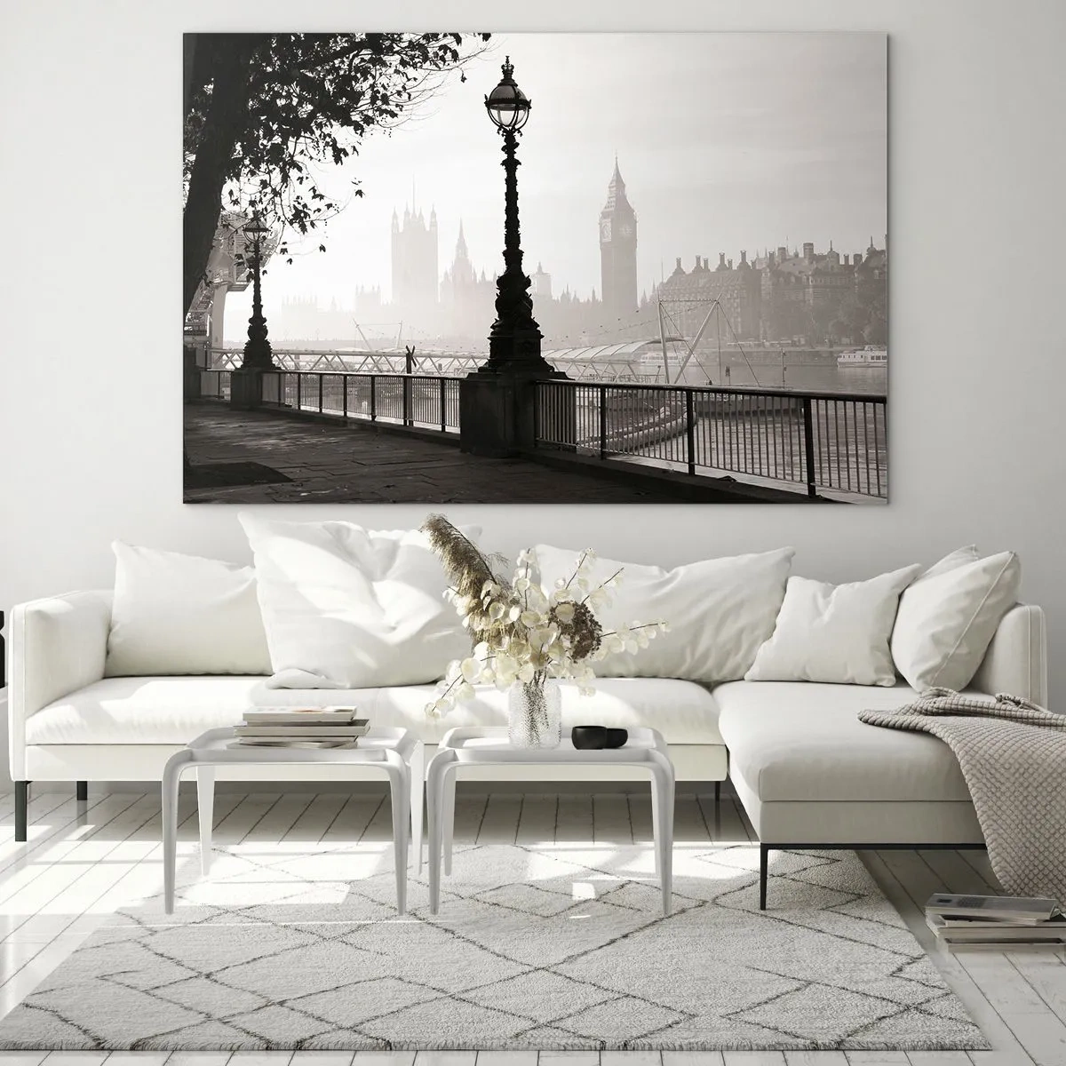Glasbild - Bild auf glas - Schwarz-Weiß-Fotografie der Londoner Promenade mit Big Ben - 70x50cm - Londoner Morgen - Moderne Wanddekoration für Wohnzimmer und Schlafzimmer ARTTOR