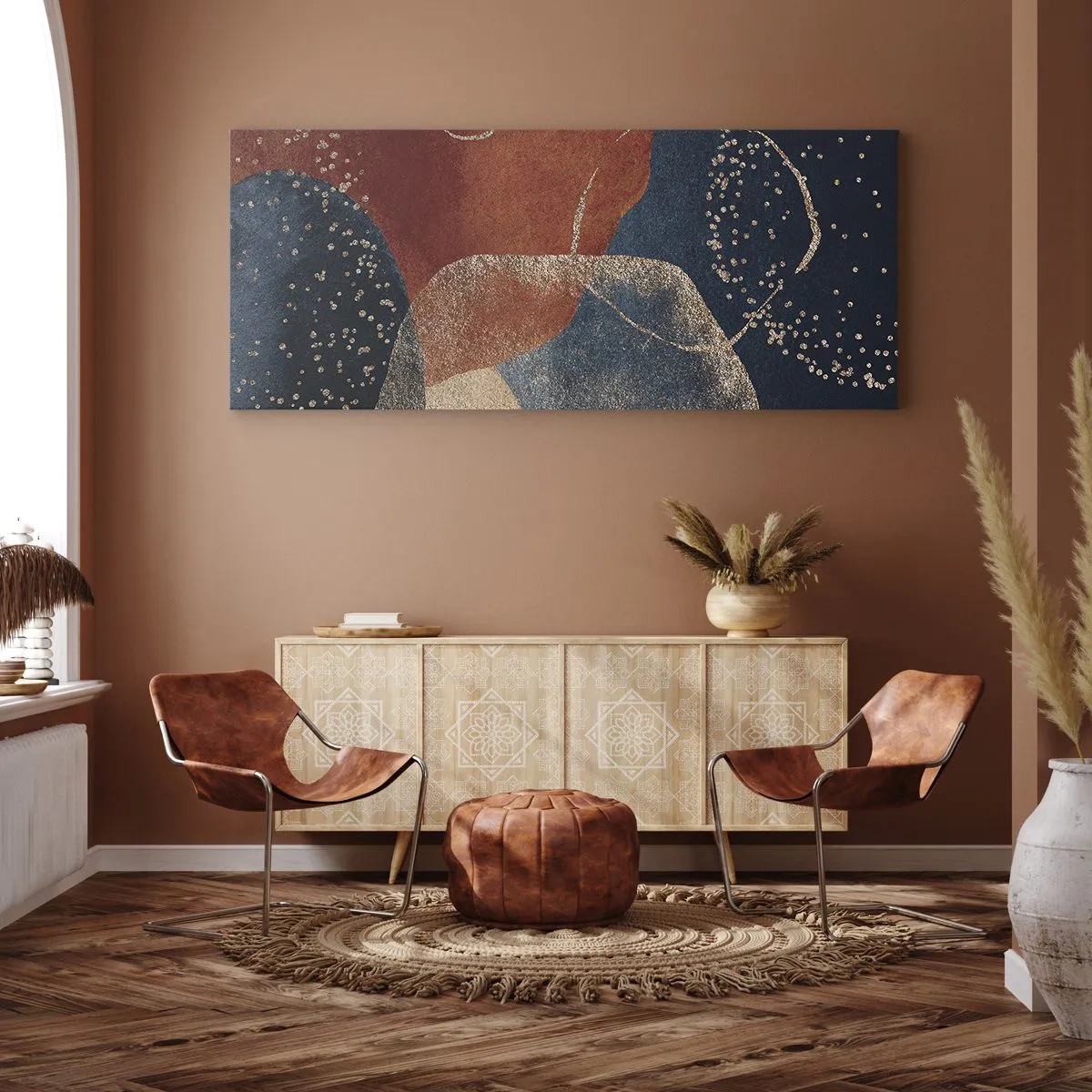Bild auf Leinwand - Leinwandbild - Abstrakte Formen in Rot- und Blautönen - 140x50cm - Die Leichtigkeit des Seins - Moderne Wanddekoration für Wohnzimmer und Schlafzimmer ARTTOR