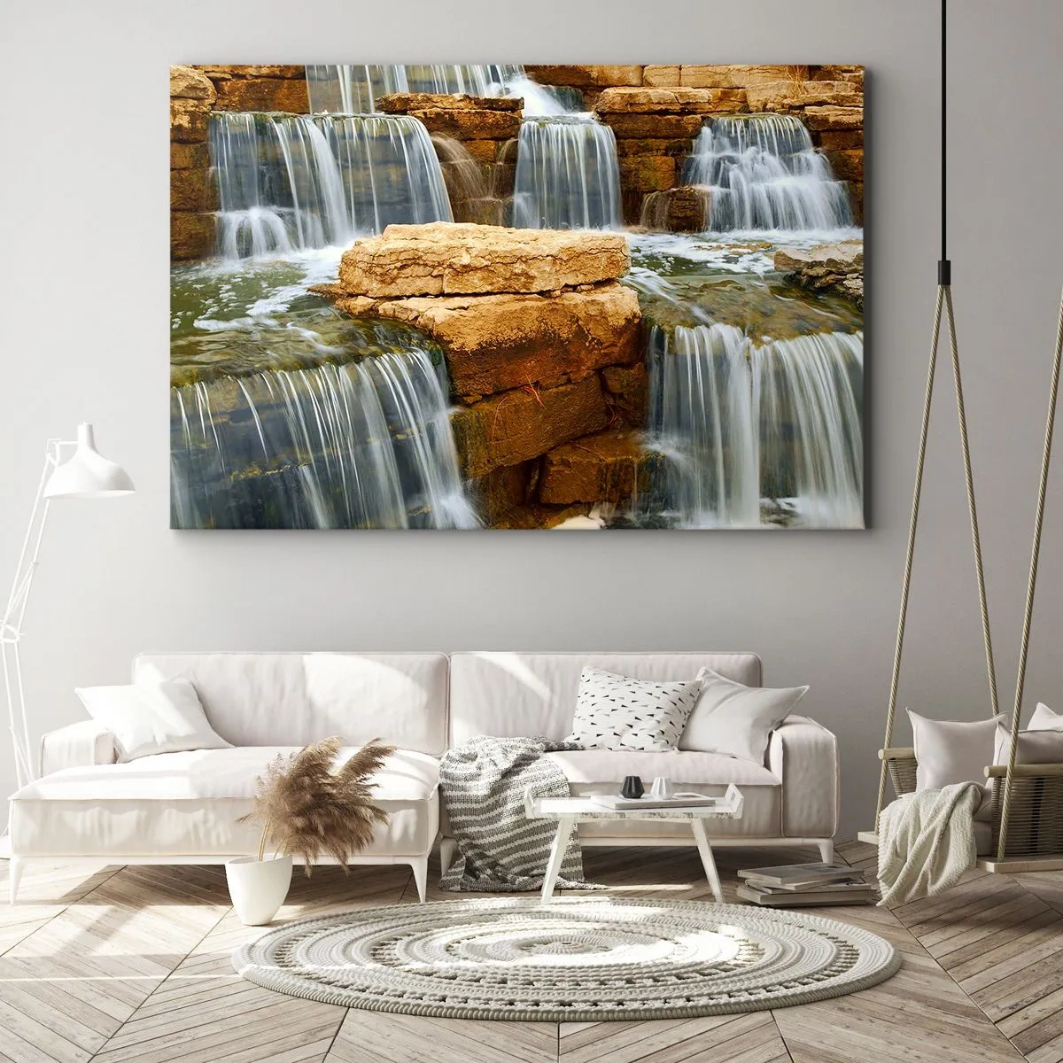 Bild auf Leinwand - Leinwandbild - Ein Wasserfall, der Steinstufen hinunterfließt - 120x80cm - Treppe zum Himmel - Moderne Wanddekoration für Wohnzimmer und Schlafzimmer ARTTOR