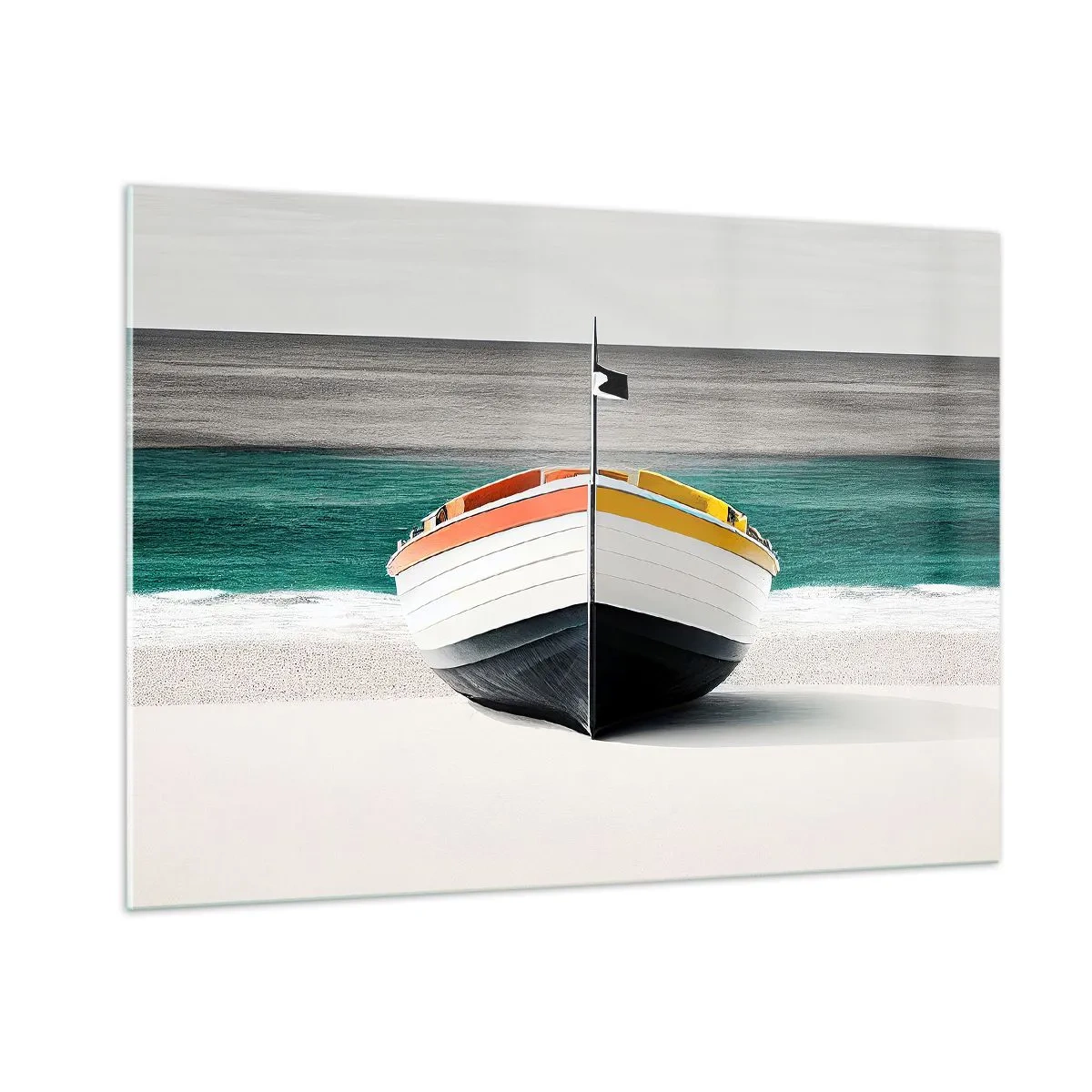 Glasbild - Bild auf glas - Ein buntes Boot am Strand mit türkisfarbenem Meer im Hintergrund - 100x70cm - An seinem Platz - Moderne Wanddekoration für Wohnzimmer und Schlafzimmer ARTTOR