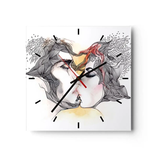 Wanduhr - Glasuhr - Künstlerisches Paarportrait mit abstrakten Haarmotiven - 30x30cm - Die Welt existiert nicht - Moderne Wanddekoration für Wohnzimmer und Schlafzimmer ARTTOR