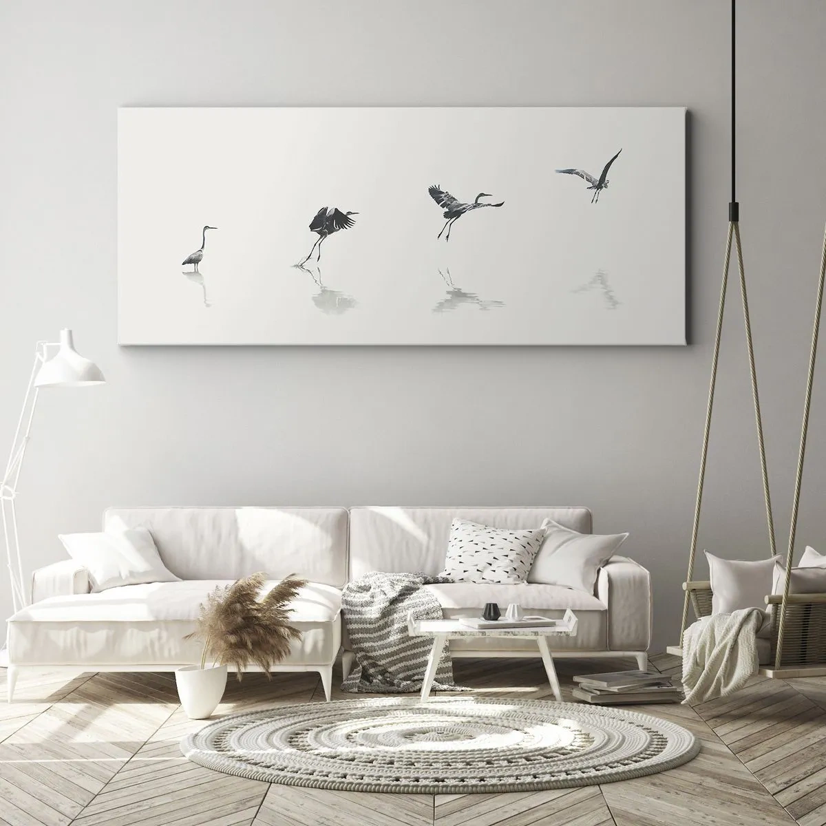 Bild auf Leinwand - Leinwandbild - Vier Vogelsilhouetten spiegeln sich im ruhigen Wasser - 160x50cm - Vier einfache Schritte - Moderne Wanddekoration für Wohnzimmer und Schlafzimmer ARTTOR