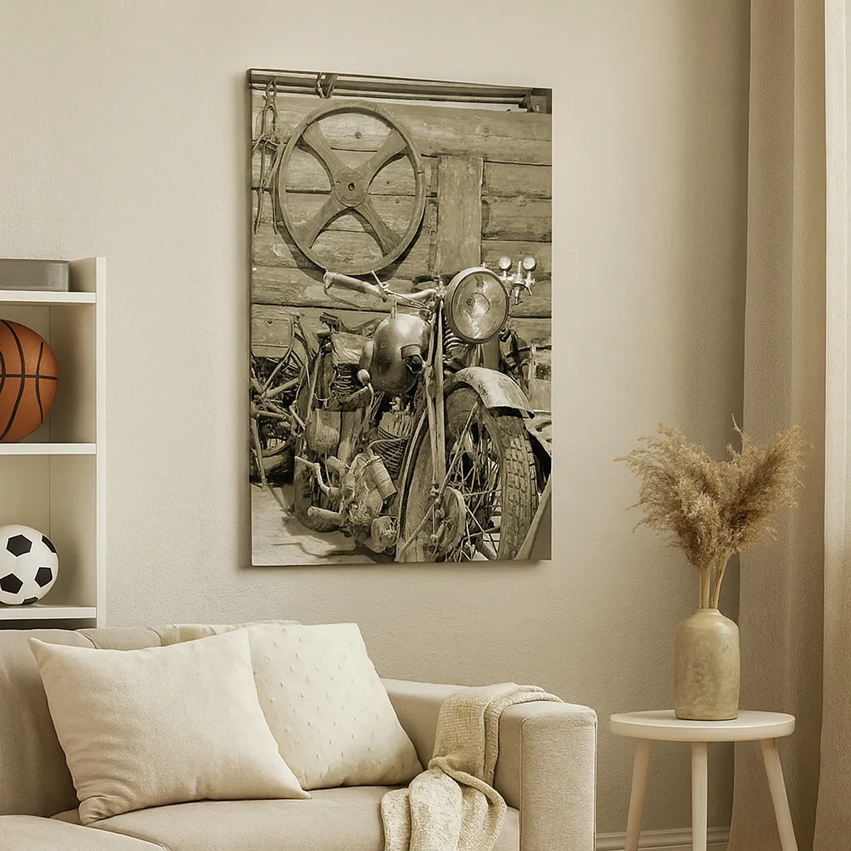 Bild auf Leinwand - Leinwandbild - Retro-Werkstatt mit Motorrädern und Werkzeug - 50x70cm - Im Schuppen von Onkel Władek - Moderne Wanddekoration für Wohnzimmer und Schlafzimmer ARTTOR