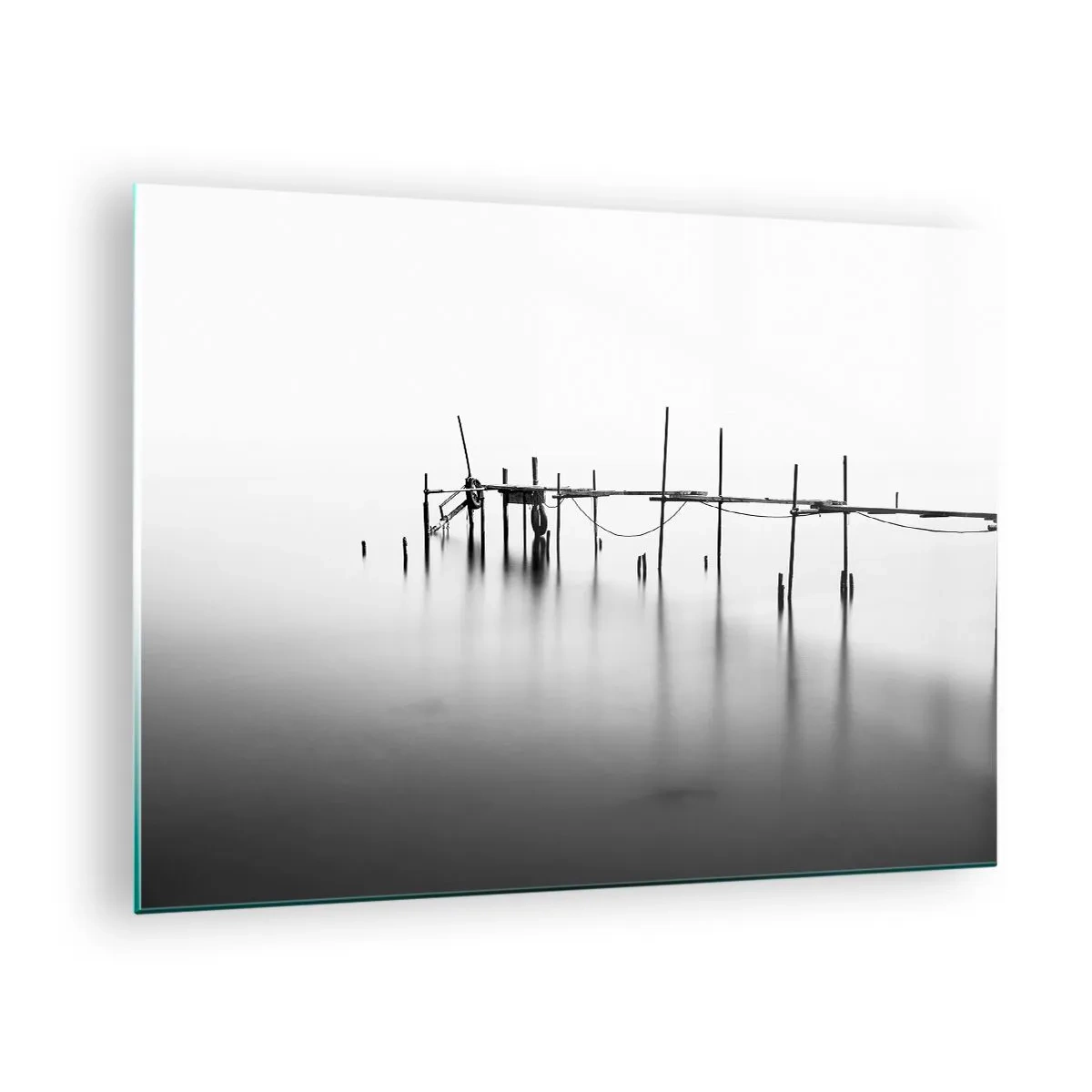 Glasbild - Bild auf glas - Ein schwarz-weißer Steg auf einer ruhigen Wasseroberfläche - 70x50cm - Was ist, wenn es keine Welt gibt? - Moderne Wanddekoration für Wohnzimmer und Schlafzimmer ARTTOR