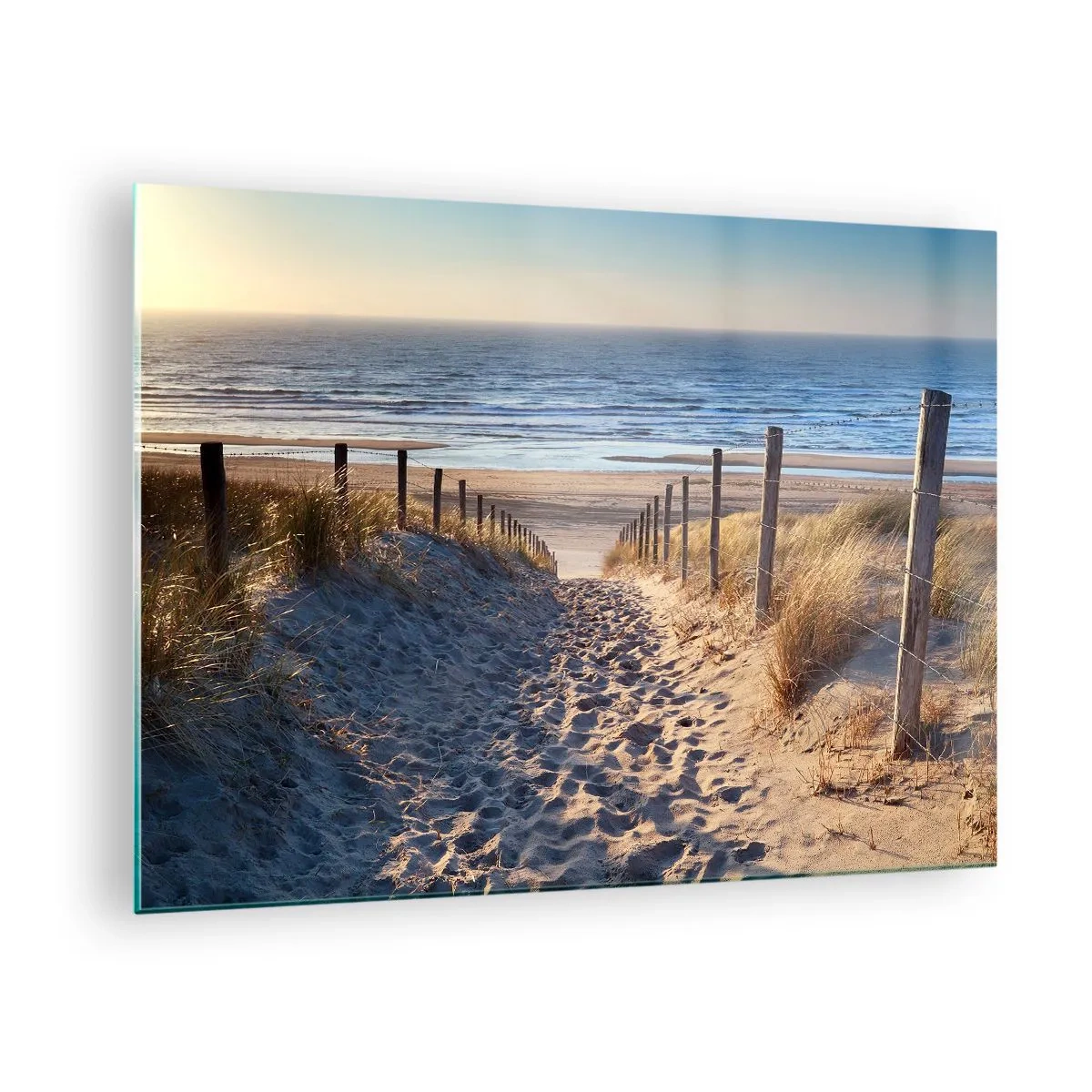 Glasbild - Bild auf glas - Ein Weg durch die Dünen, der zu einem Strand mit ruhigem Meer führt - 70x50cm - Das Rauschen des Meeres, der Gesang der Vögel, ein wilder Strand im Gras ... - Moderne Wanddekoration für Wohnzimmer und Schlafzimmer ARTTOR