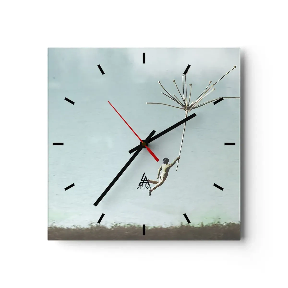 Wanduhr - Glasuhr - Eine Figur, die von einem großen Löwenzahnsamen hochgehoben wird - 30x30cm - Drachen, Löwenzahn, Wind - Moderne Wanddekoration für Wohnzimmer und Schlafzimmer ARTTOR