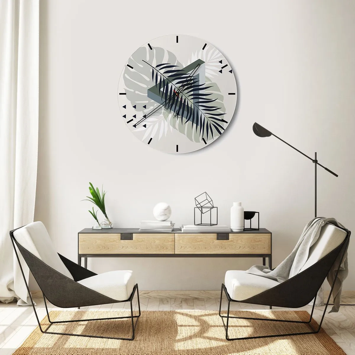 Wanduhr - Glasuhr - Geometrische Komposition mit tropischen Blättern - 30x30cm - Natur und Geometrie – zwei Ordnungen? - Moderne Wanddekoration für Wohnzimmer, Küche und Schlafzimmer ARTTOR