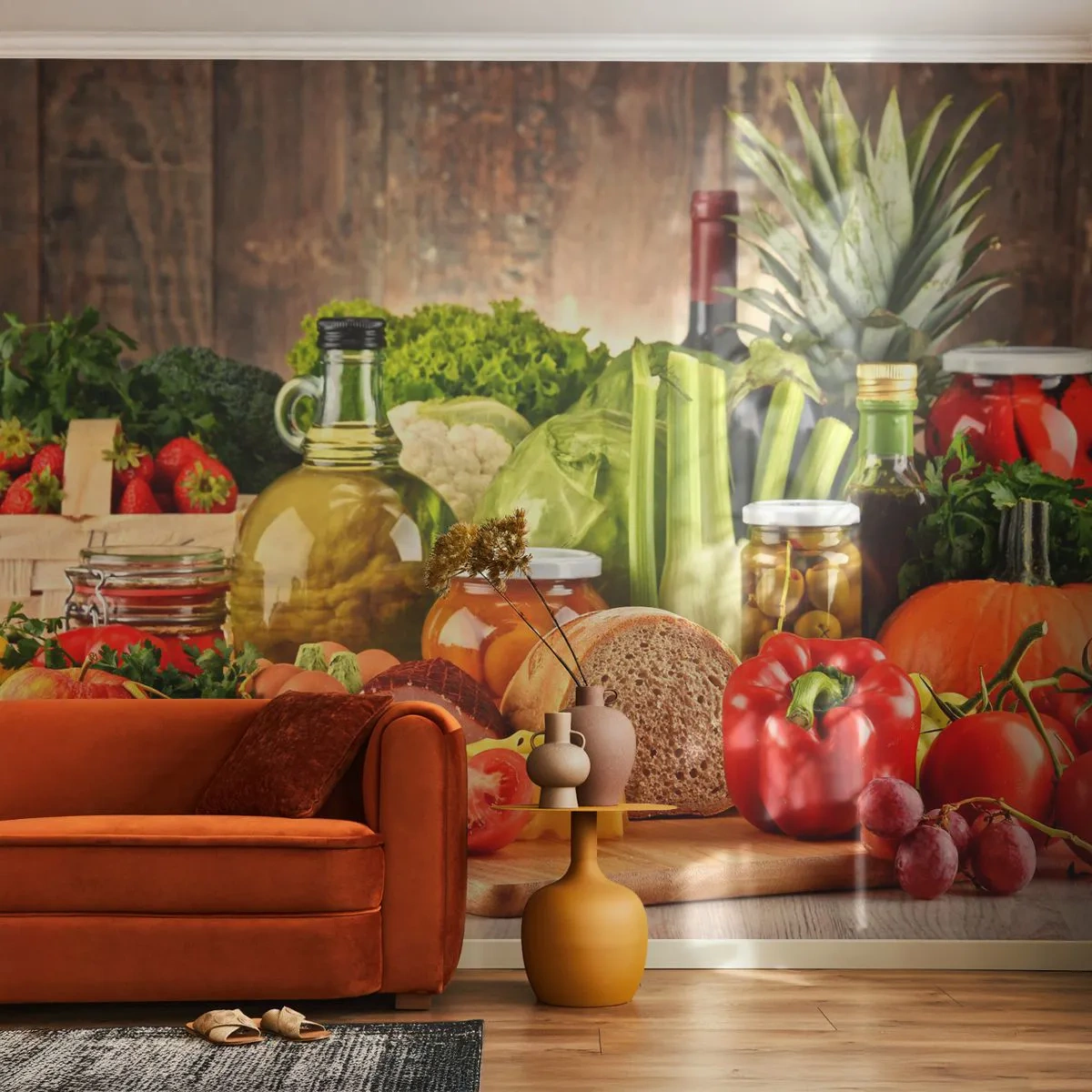 Fototapete Premium Canvas - Geräuchert, gebacken und eingelegt - Gastronomie, Gemüse, Obst - 200x140 cm