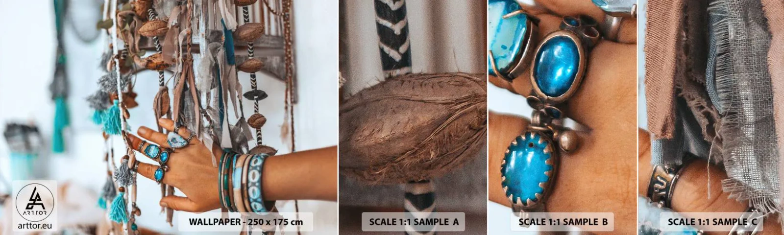 Fototapeten Muster Selbstklebend Deluxe Sticker - Lokale Schätze - Frauenhand, Schmuck, Boho - 100x30 cm