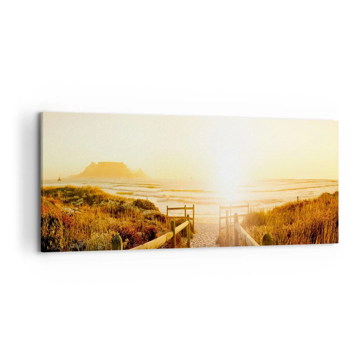 Bild auf Leinwand - Leinwandbild - Weg zum Strand bei goldenem Sonnenuntergang - 120x50cm - Über die Düne, der Sonne entgegen - Moderne Wanddekoration für Wohnzimmer und Schlafzimmer ARTTOR