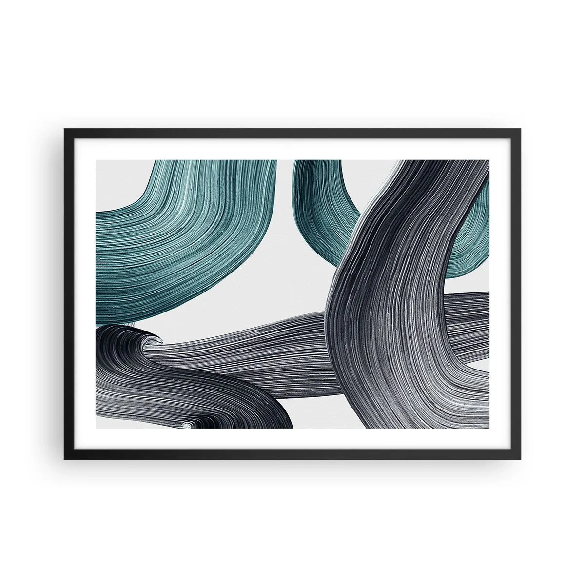 Poster in einem schwarzem Rahmen - Fließende abstrakte Linien in Grün- und Grautönen - 70x50cm - Smaragdgrüne und schwarze Pfade - Moderne Wanddekoration für Wohnzimmer und Schlafzimmer ARTTOR