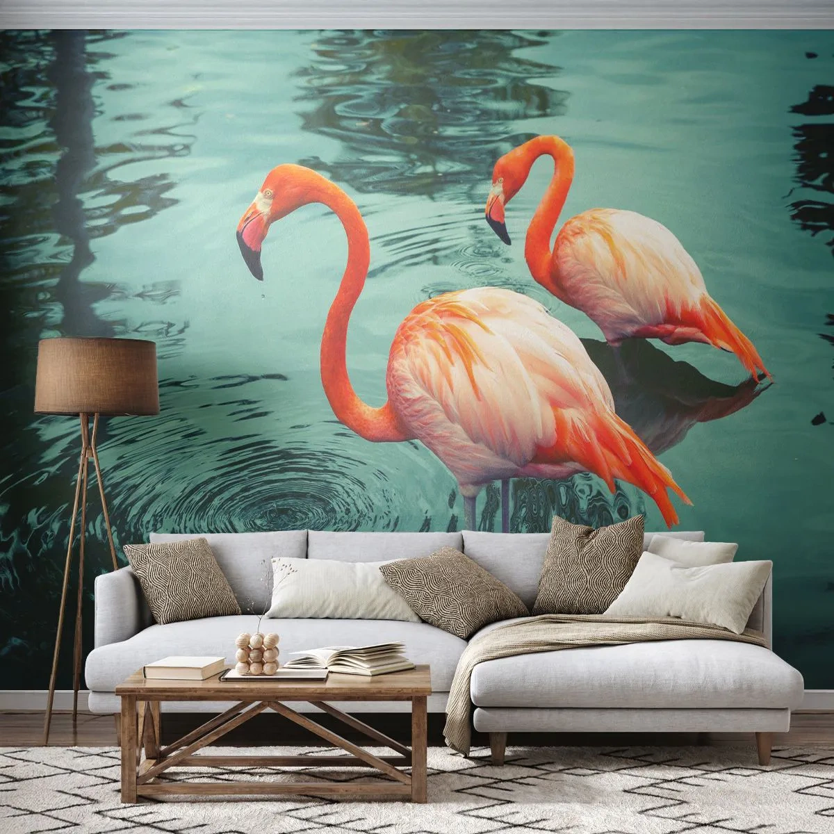 Fototapete Premium Sand - Zwei Flamingos stehen im Wasser und spiegeln sich in der Wasseroberfläche. - 100x70cm - Wir sind jetzt in Mode - Moderne Wanddekoration für Wohnzimmer und Schlafzimmer ARTTOR