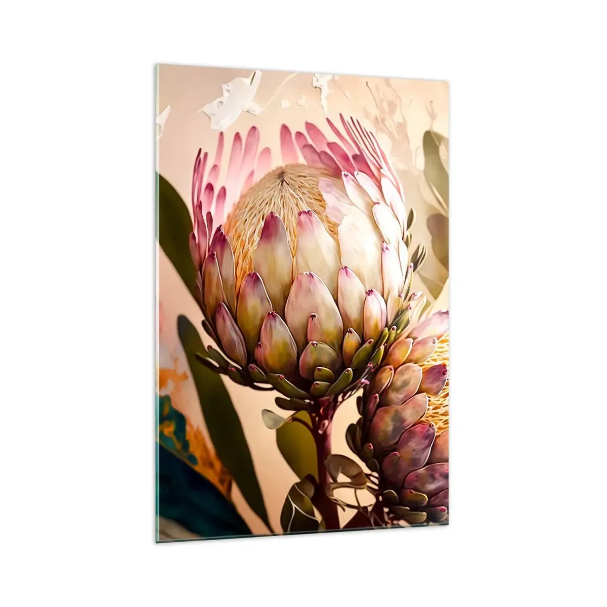Glasbild - Bild auf glas - Bunte Protea-Blüten auf zartem Hintergrund - 70x100cm - Zärtlich umarmt - Moderne Wanddekoration für Wohnzimmer und Schlafzimmer ARTTOR