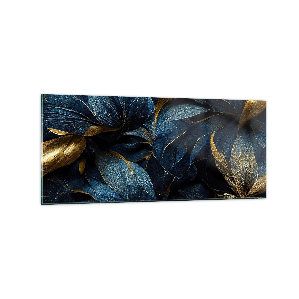 Glasbild - Bild auf glas - Elegante Blätter in Gold- und Marineblautönen - 120x50cm - Mit Gold gefüttert - Moderne Wanddekoration für Wohnzimmer und Schlafzimmer ARTTOR