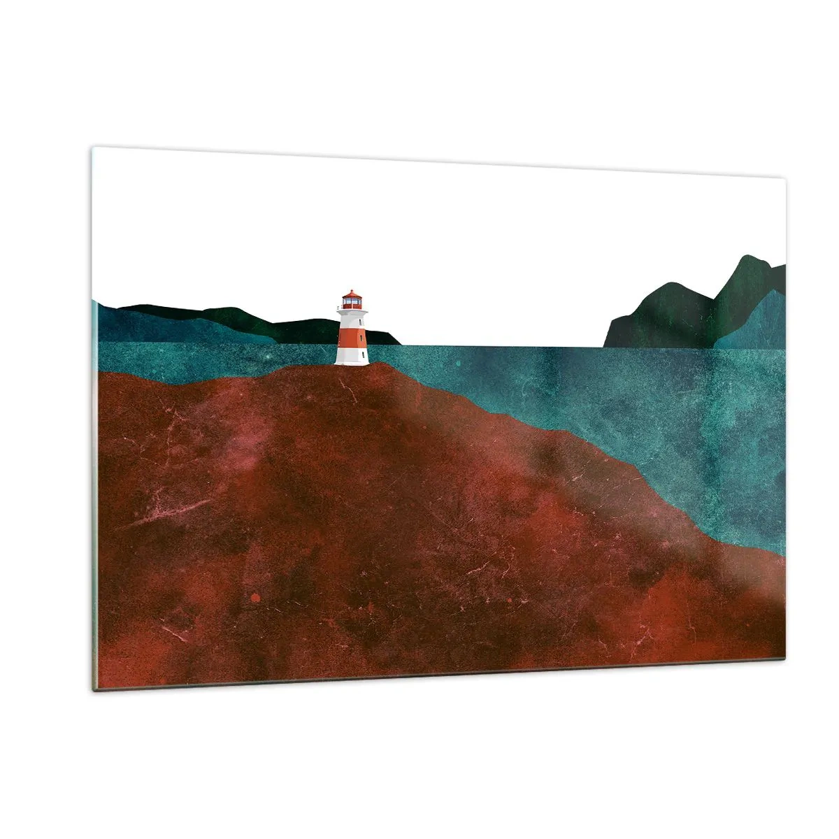 Glasbild - Bild auf glas - Ein Leuchtturm vor der Kulisse eines türkisfarbenen Meeres und roter Klippen - 120x80cm - Aufs Meer starren - Moderne Wanddekoration für Wohnzimmer und Schlafzimmer ARTTOR