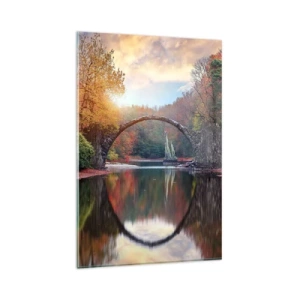 Glasbild - Bild auf glas - Eine Steinbrücke in einer Herbstlandschaft über ruhigem Wasser - 80x120cm - Auf der anderen Seite des Spiegels - Moderne Wanddekoration für Wohnzimmer und Schlafzimmer ARTTOR