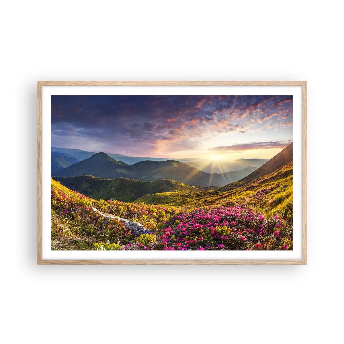 Poster in einem Rahmen aus heller Eiche - Frische am Bergmorgen - 91x61 cm
