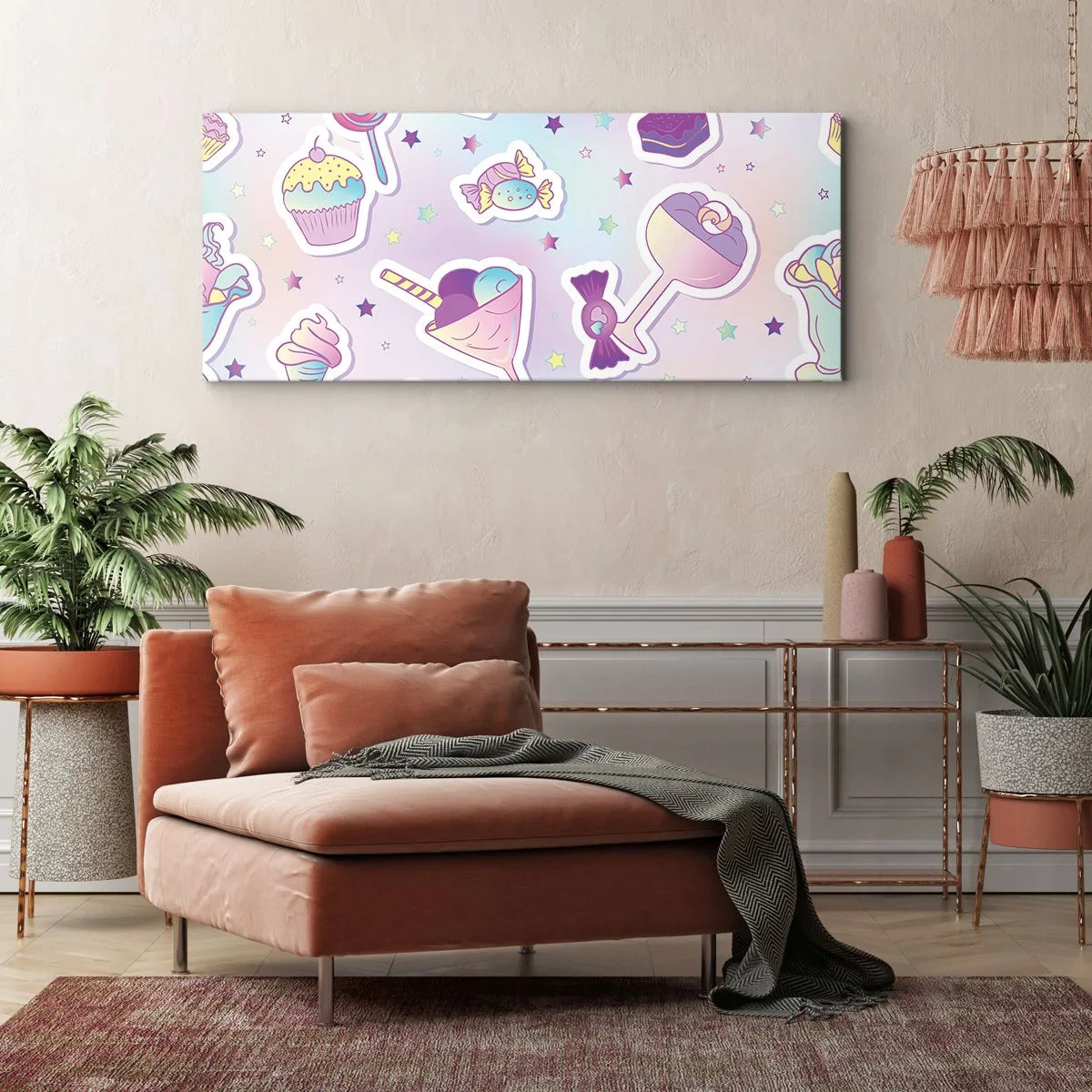 Bild auf Leinwand - Leinwandbild - Pastellmuster mit Süßigkeiten und Desserts - 160x50cm - Dass es jeden Tag ein Geburtstag wäre - Moderne Wanddekoration für Wohnzimmer und Schlafzimmer ARTTOR