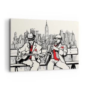 Bild auf Leinwand - Leinwandbild - Ein Jazzduo mit Saxophon und Gitarre vor der Kulisse der Stadt - 100x70cm - New Yorker Improvisation - Moderne Wanddekoration für Wohnzimmer und Schlafzimmer ARTTOR
