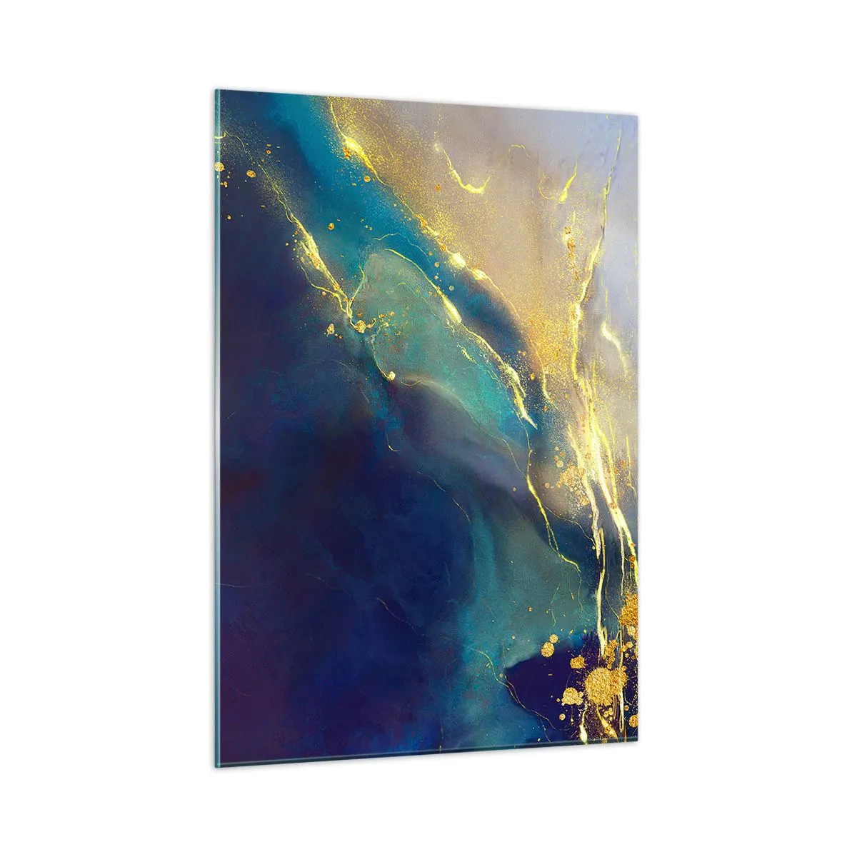 Glasbild - Bild auf glas - Eine abstrakte Komposition in den Farbtönen Marineblau, Türkis und Gold - 50x70cm - Der goldene Teich - Moderne Wanddekoration für Wohnzimmer und Schlafzimmer ARTTOR