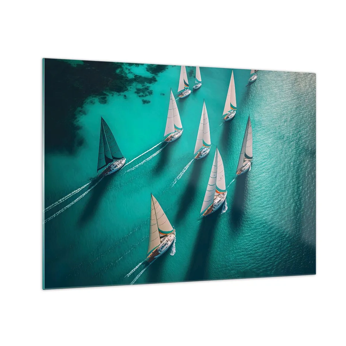 Glasbild - Bild auf glas - Segelboote auf türkisfarbenem Wasser aus der Vogelperspektive aufgenommen - 70x50cm - Im Wettbewerb mit dem Wind - Moderne Wanddekoration für Wohnzimmer und Schlafzimmer ARTTOR