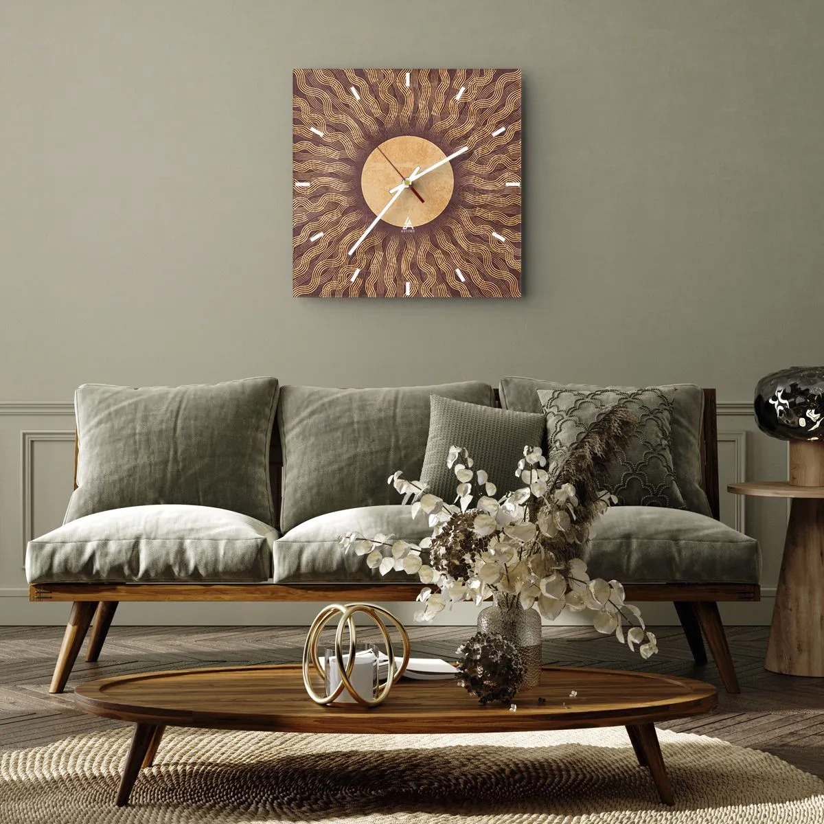 Wanduhr - Glasuhr - Sonniges Muster mit Strahlen auf einem Hintergrund in Brauntönen - 30x30cm - Sonnensymbol - Moderne Wanddekoration für Wohnzimmer und Schlafzimmer ARTTOR