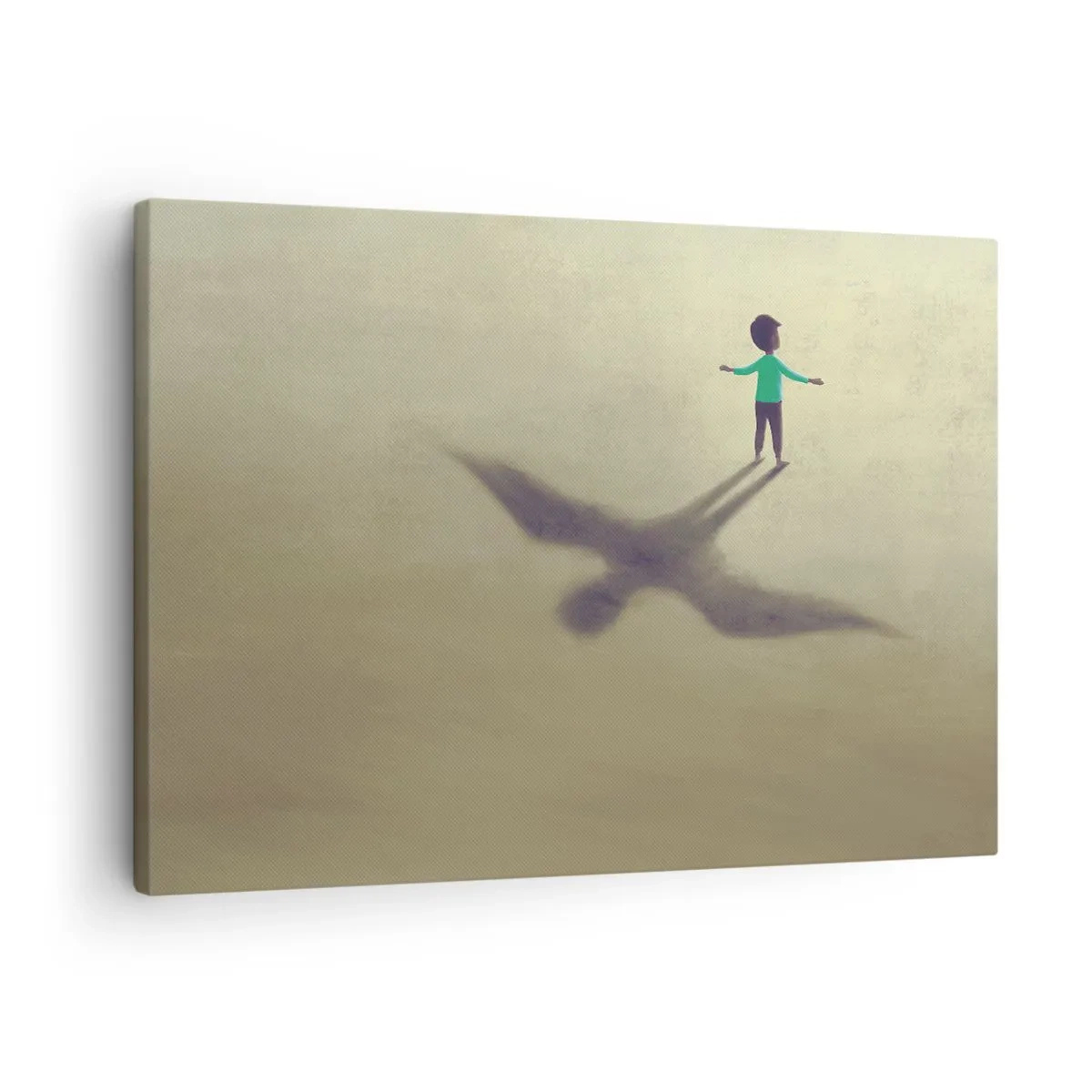 Bild auf Leinwand - Leinwandbild - Eine symbolische Figur eines Kindes mit dem Schatten eines Vogels vor einem Hintergrund in warmen Farbtönen. - 70x50cm - Der Held der Zukunft - Moderne Wanddekoration für Wohnzimmer und Schlafzimmer ARTTOR